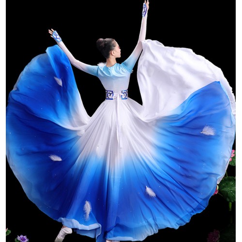 Women girls white with royal blue Chinese folk dance dress feather minority ethnic mongolian stage performance long skirts gown for female